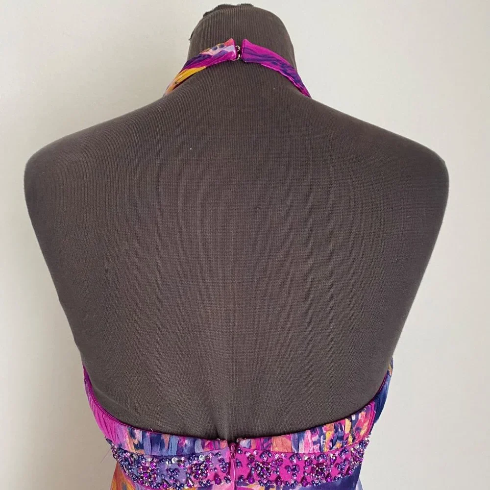 Cache sz 6 Halter 100% Silk backout v neck fit & flare midi cocktail dress - Picture 6 of 9